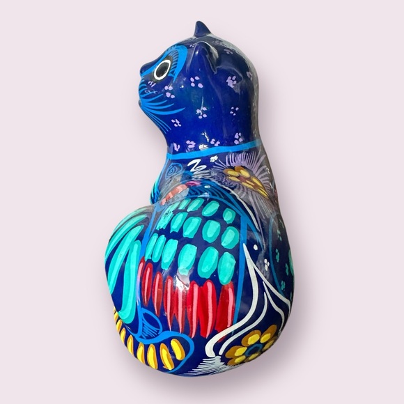 Vintage Hand Painted Ceramic Mexican Folk Art Talavera Cat Figurine With Flowers - Picture 4 of 11